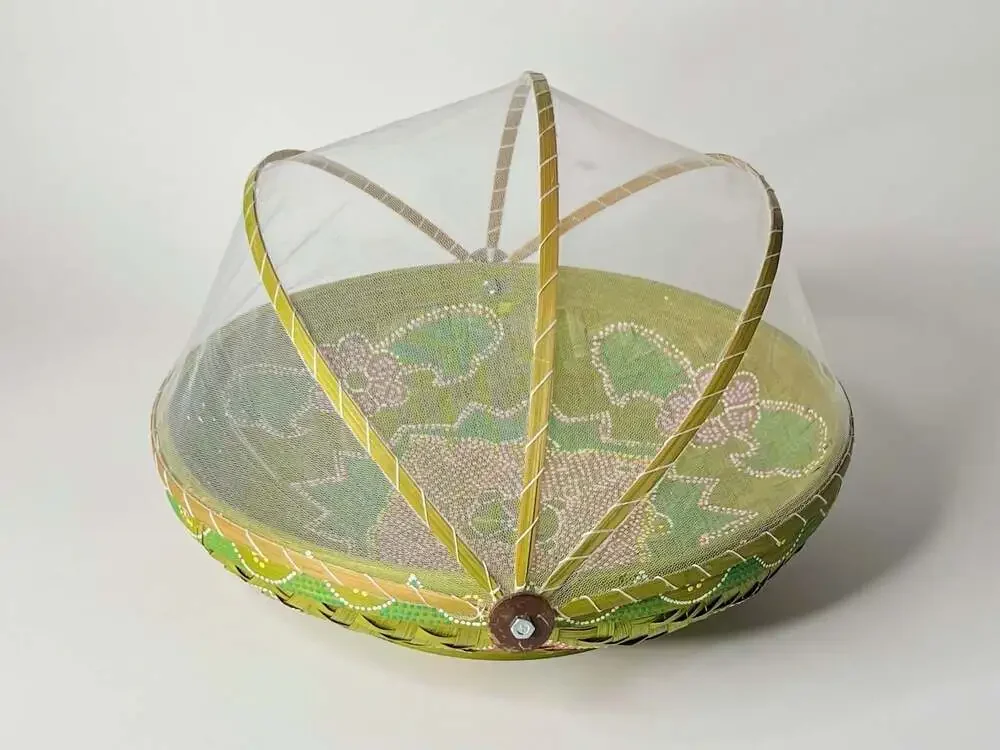 Vintage Hand-Woven Bamboo Folding Mesh Food Cover Basket Floral Hand-Painting